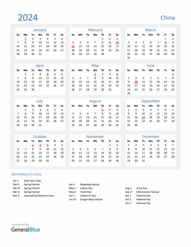 Basic Yearly Calendar with Holidays in China for 2024