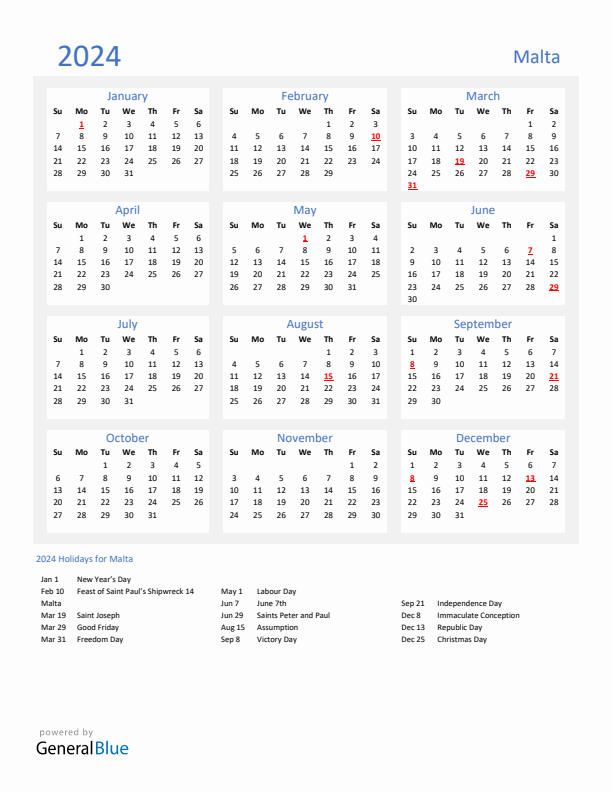 Basic Yearly Calendar with Holidays in Malta for 2024