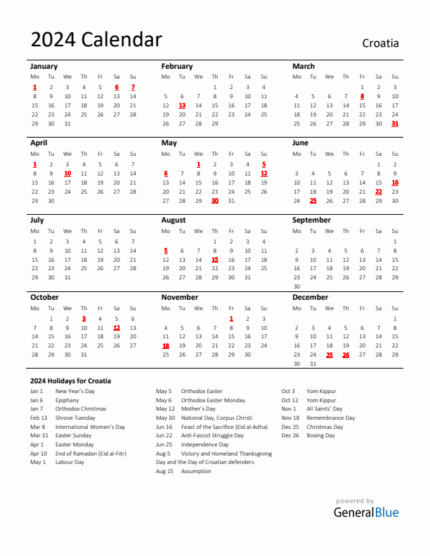 Standard Holiday Calendar for 2024 with Croatia Holidays