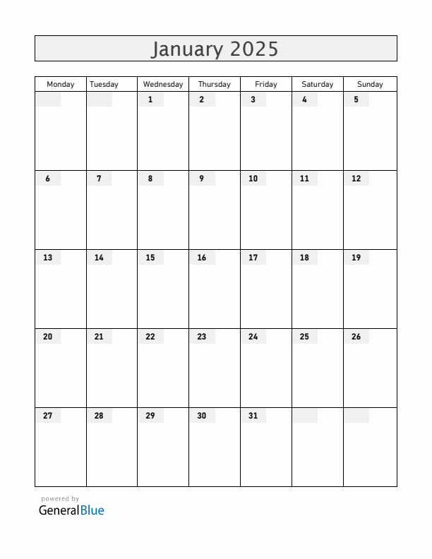 Blank January 2025 Calendar