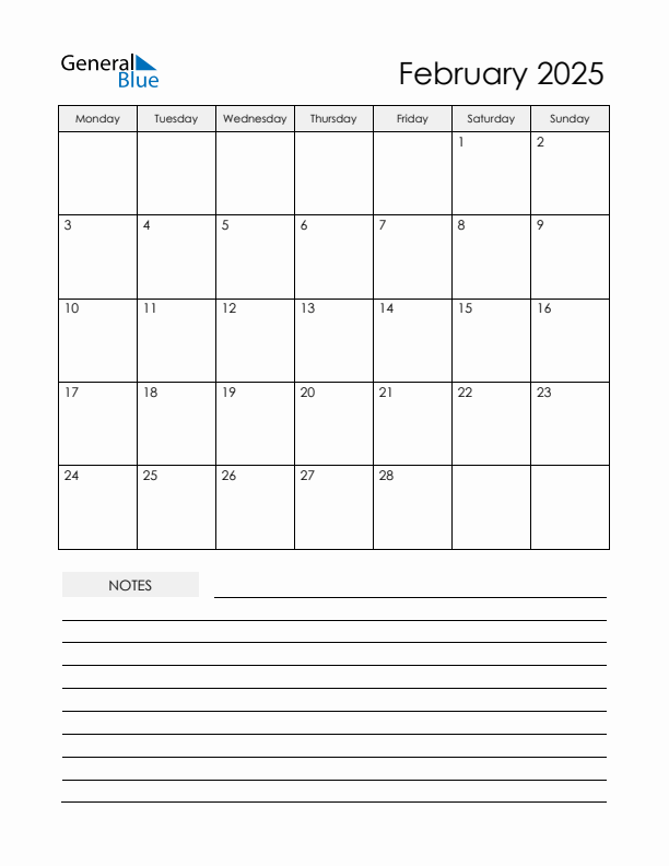 Printable Calendar with Notes - February 2025