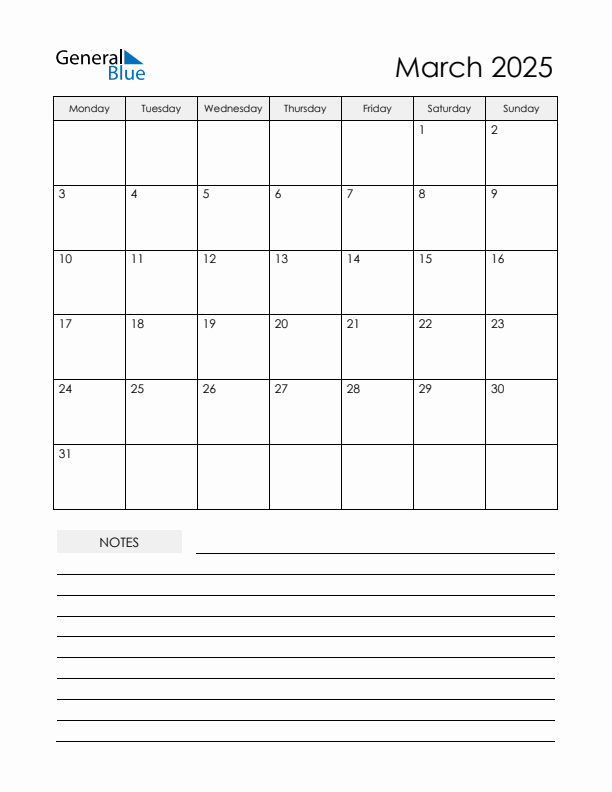 Printable Calendar with Notes - March 2025