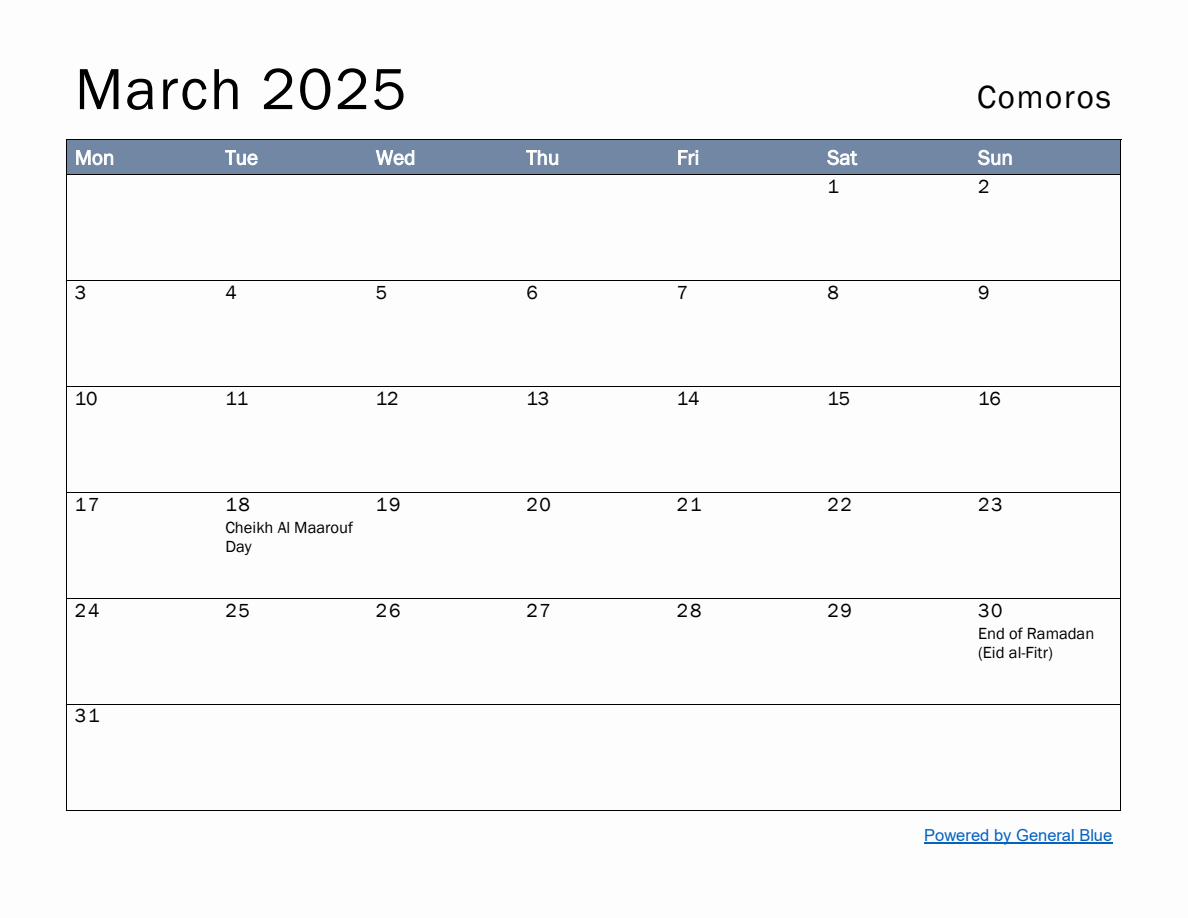 Free Monthly Calendar Template for March 2025 with Comoros Holidays ...