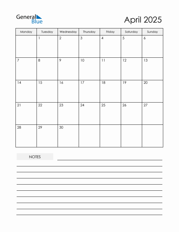Printable Calendar with Notes - April 2025