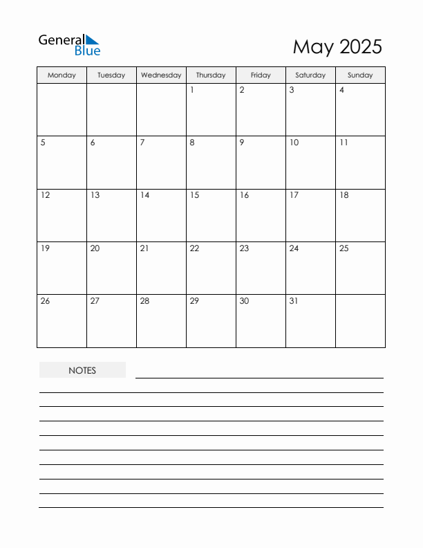 Printable Calendar with Notes - May 2025