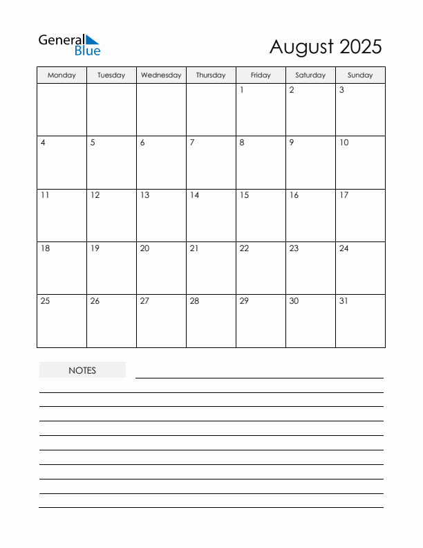 Printable Calendar with Notes - August 2025