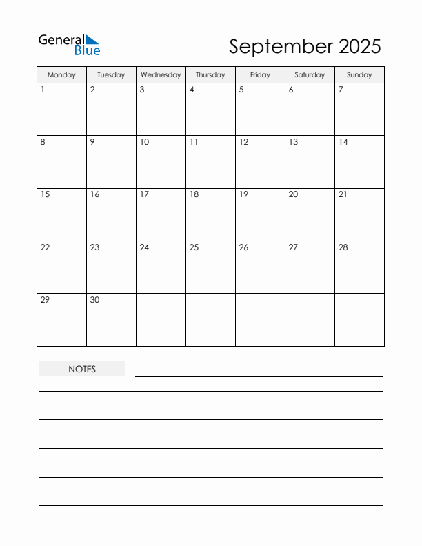 Printable Calendar with Notes - September 2025