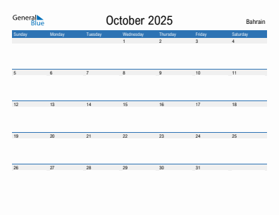 Current month calendar with Bahrain holidays for October 2025