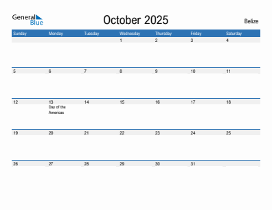 Current month calendar with Belize holidays for October 2025