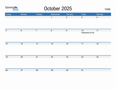 Current month calendar with Cuba holidays for October 2025