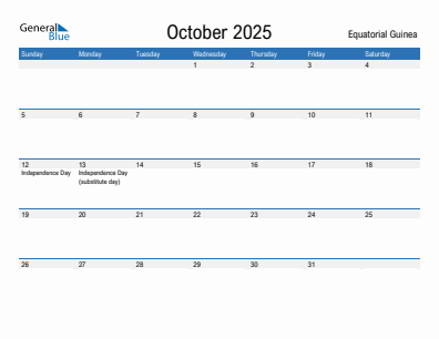 Current month calendar with Equatorial Guinea holidays for October 2025