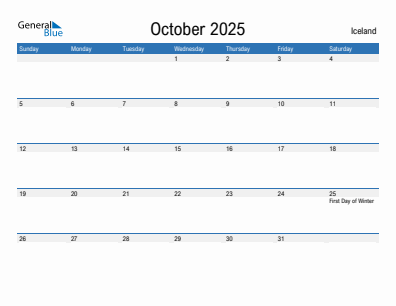 Current month calendar with Iceland holidays for October 2025