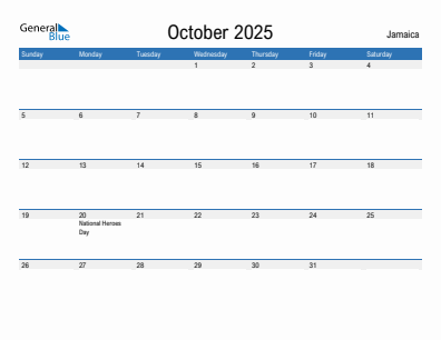 Current month calendar with Jamaica holidays for October 2025