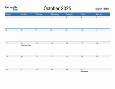 Current month calendar with United States holidays for October 2025