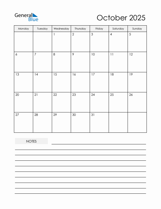 Printable Calendar with Notes - October 2025