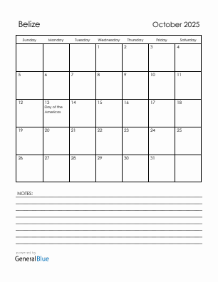 Current month calendar with Belize holidays for October 2025