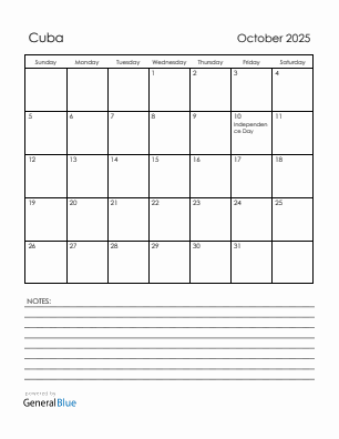 Current month calendar with Cuba holidays for October 2025
