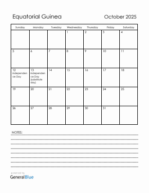 Current month calendar with Equatorial Guinea holidays for October 2025