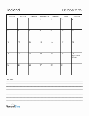 Current month calendar with Iceland holidays for October 2025