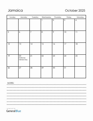 Current month calendar with Jamaica holidays for October 2025