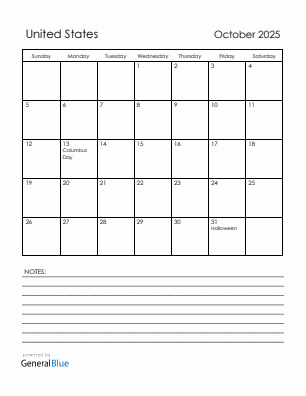 Current month calendar with United States holidays for October 2025