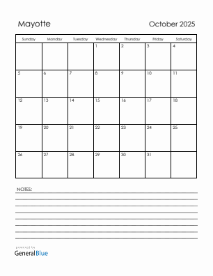 Current month calendar with Mayotte holidays for October 2025