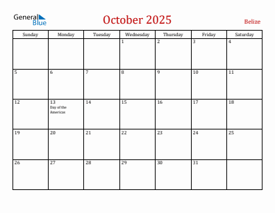 Current month calendar with Belize holidays for October 2025