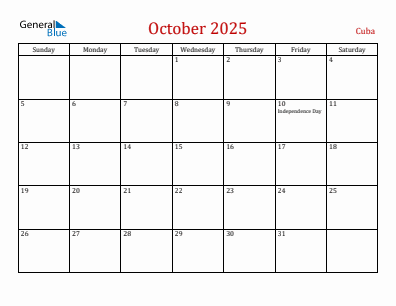 Current month calendar with Cuba holidays for October 2025