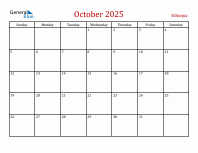 Current month calendar with Ethiopia holidays for October 2025