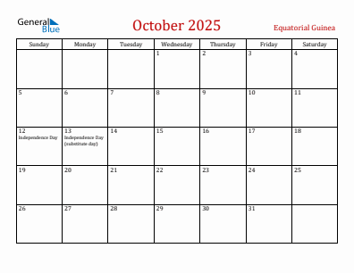 Current month calendar with Equatorial Guinea holidays for October 2025