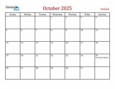 Current month calendar with Iceland holidays for October 2025