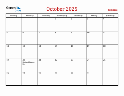 Current month calendar with Jamaica holidays for October 2025