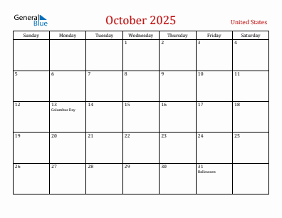Current month calendar with United States holidays for October 2025