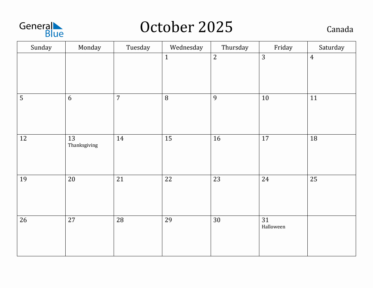 October 2025 monthly calendar with holidays in Canada