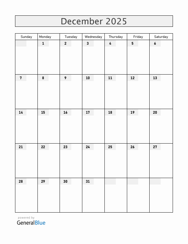Blank December 2025 Calendar