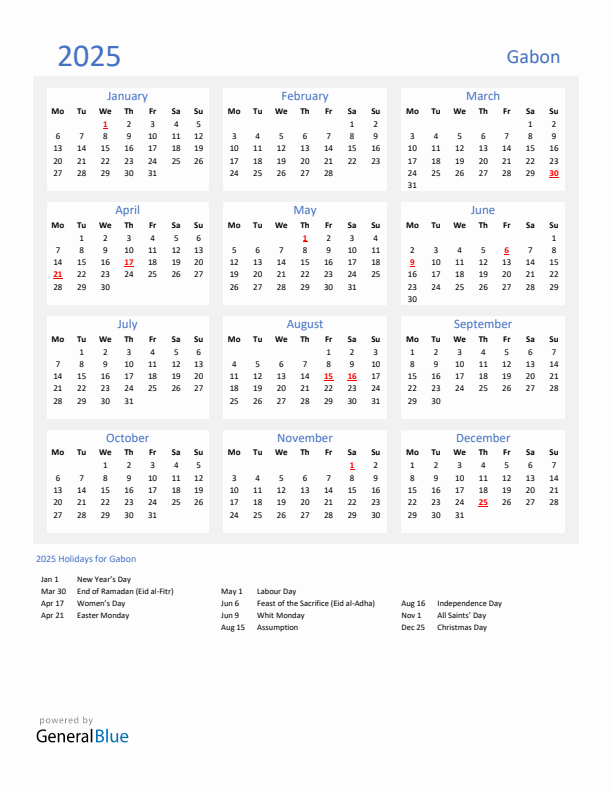 Basic Yearly Calendar with Holidays in Gabon for 2025