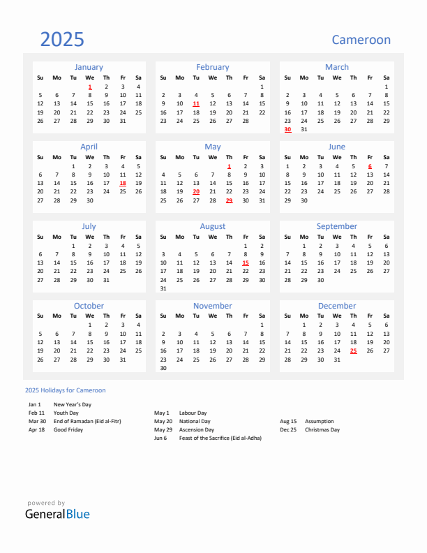 Basic Yearly Calendar with Holidays in Cameroon for 2025