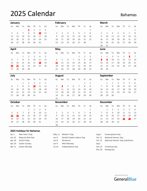Standard Holiday Calendar for 2025 with Bahamas Holidays