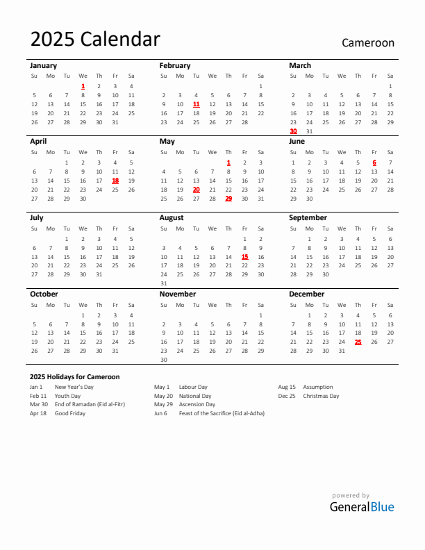 Standard Holiday Calendar for 2025 with Cameroon Holidays