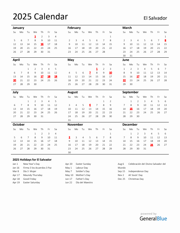 Standard Holiday Calendar for 2025 with El Salvador Holidays