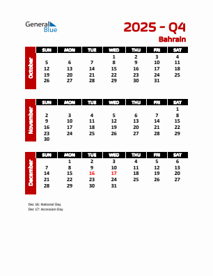 Bahrain Quarter 4  2025 calendar template
