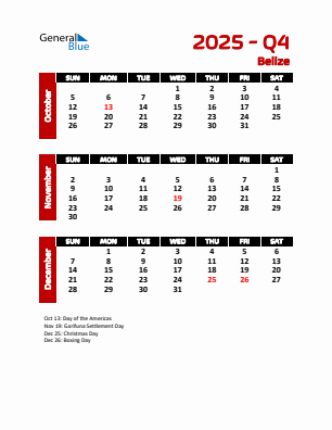 Belize Quarter 4  2025 calendar template