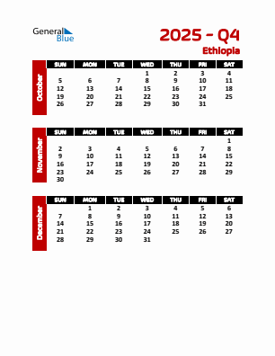 Ethiopia Quarter 4  2025 calendar template