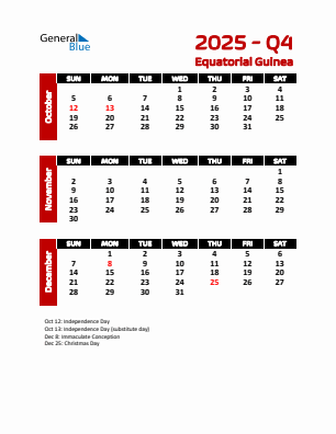 Equatorial Guinea Quarter 4  2025 calendar template