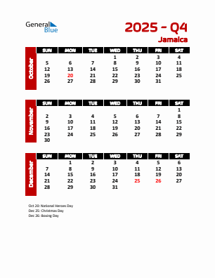 Jamaica Quarter 4  2025 calendar template
