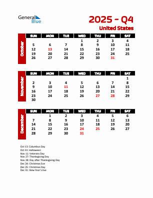 United States Quarter 4  2025 calendar template