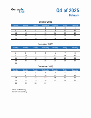 Bahrain Quarter 4  2025 calendar template