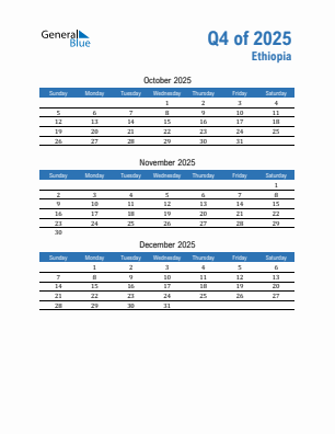 Ethiopia Quarter 4  2025 calendar template