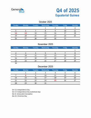 Equatorial Guinea Quarter 4  2025 calendar template