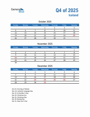 Iceland Quarter 4  2025 calendar template